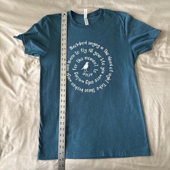 "Blackbird" blue and white womens tee with song lyrics written in a spiral - Picture 6 of 6